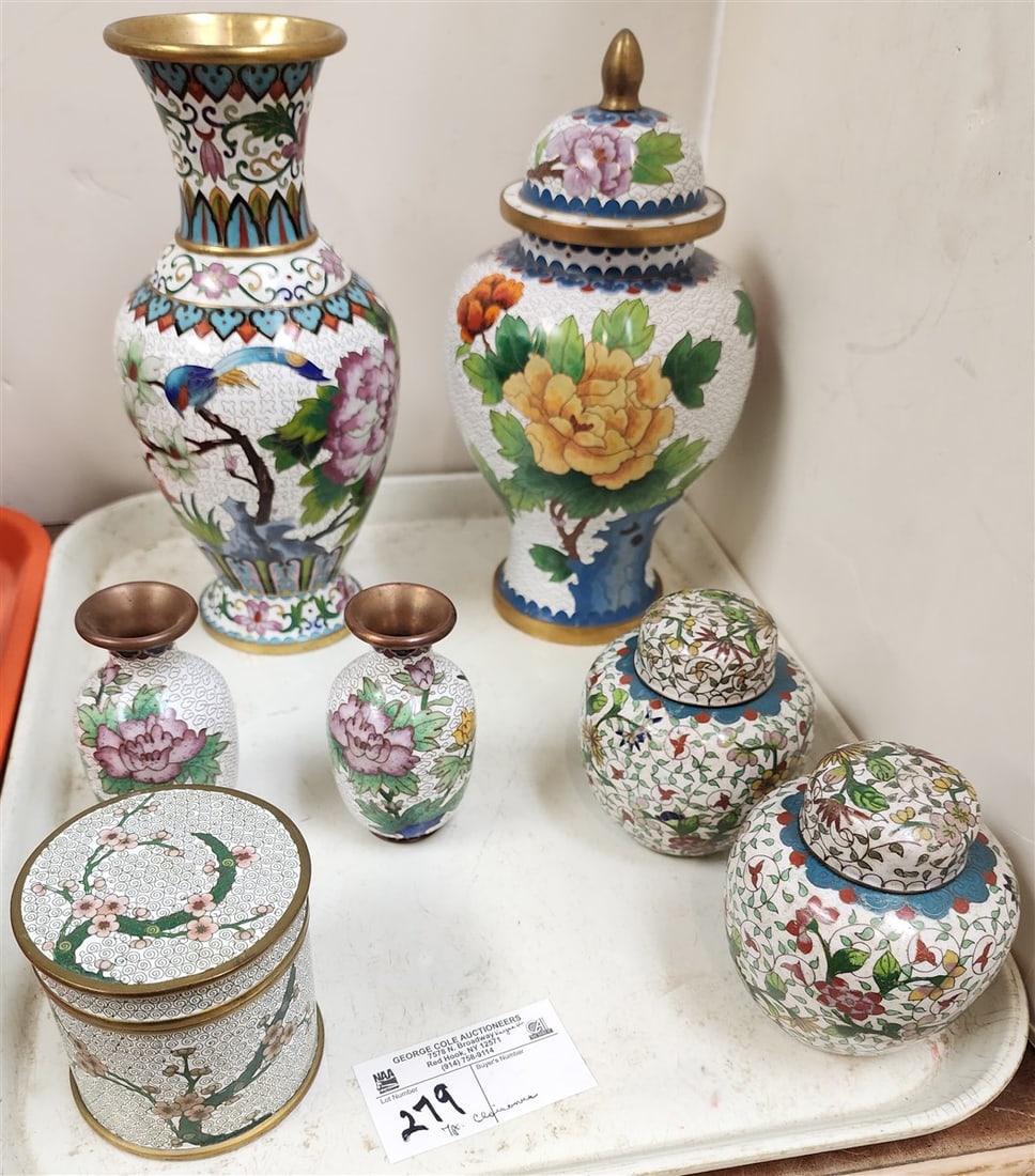 Tray 7 Pc. Cloisonne 10 1/2" + Pr. 4", Covered Ginger Jar 10 1/2" + Pr. 4 1/4" + Covered Bx 3 1/4" H (1 of 2)