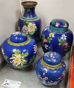 Tray 4 Pc. Cloisonne - 3 Ginger Jars 8 1/2", 7" + 5 1/2" Vase  10 1/2"