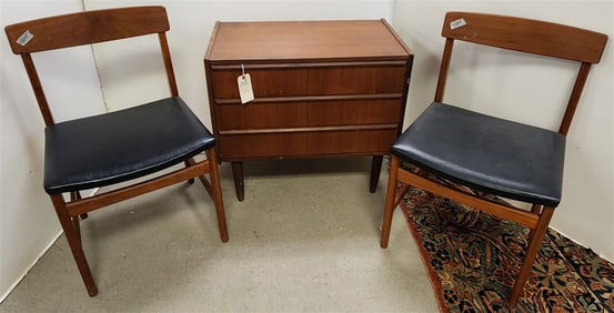 Mid Century Pr. Ulferts Sweden Teak Chairs 30" H X 18 1/2" W X 16 1/2" D + Teak 3 Drawer Stand 25" H