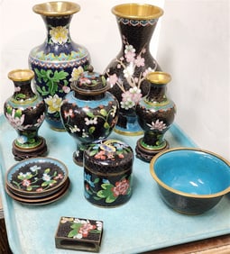Tray 13 Pc. Cloisonne Vases 9 1/2", 9 1/2", Pr. 6 1/2", Ginger Jar 7", Covered Jar 3 1/2", Bowl 2