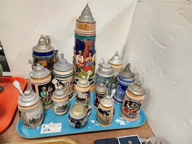 Tray 14 German Steins16 1/2" to 3 1/2"