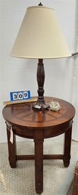 Mahog 1 Drawer Inlaid Side Stand 24 1/2" H X 24" Diam. w/Metal Table Lamp 31"