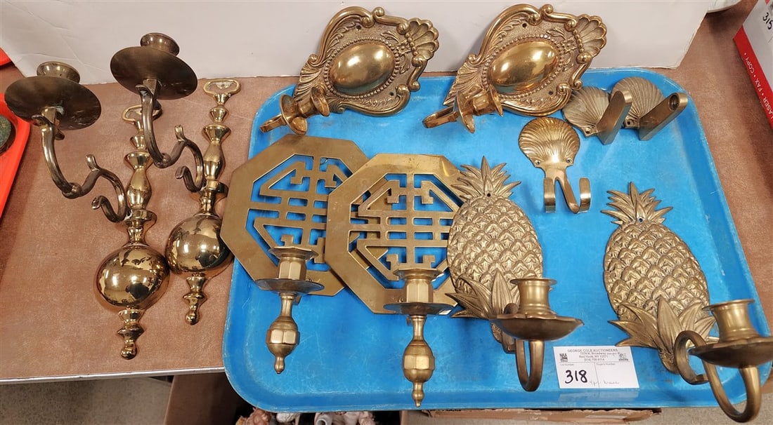 Tray 4 Pr. Brass Sconces 10 1/2" H X 7" W, 10" H X 4" W, 9" H X 5 1/4" W + 12" H X 3'' W (1 of 3)