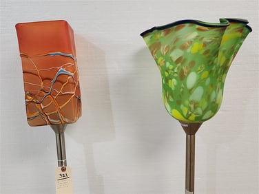 Pr. Modern Chrome Floor Lamps w/Art Glass Shades