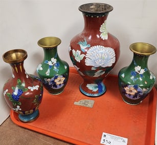 Tray 4 Cloisonne Vases 12", 9 1/2", Pr. 8"