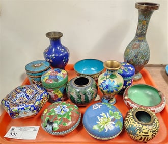 Tray 13 Pc. Cloisonne - 3 Vases 9 5/4", 6 1/2",5", 6 Covered Bx's 2- 3 1/2", 3 1/4", 4" + 2- 2", 2