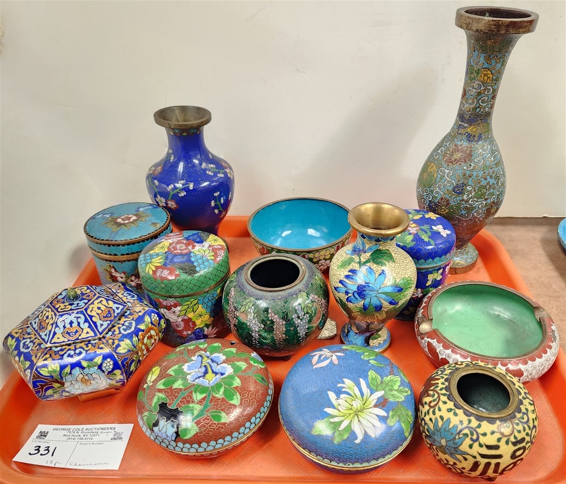Tray 13 Pc. Cloisonne - 3 Vases 9 5/4", 6 1/2",5", 6 Covered Bx's 2- 3 1/2", 3 1/4", 4" + 2- 2", 2 (1 of 2)