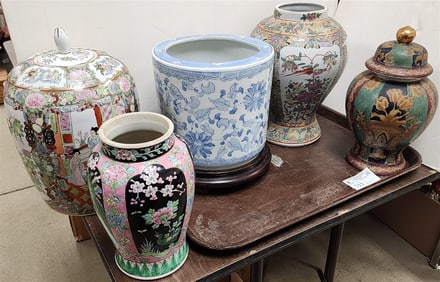 Tray Chinese Ginger Jars 2- 13" + 12", 2-No Lids 12" + 9 1/2", Jardenier 8" H X 9" Diam.