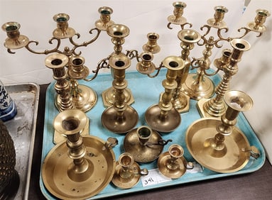 Tray 2 Pr. Brass Candleabra 11" H X 10 1/2" W + 10" H X 10" W, 4 Pr. Candlesticks 10", 9", 8", 3" +