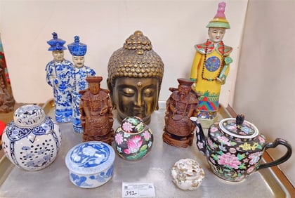 Tray Chinese Porcelain Figurines - 15", 12",  Pr. 11 1/2", Pr. 8", Tea Pot, 2 Ginger Jars 6 1/2" + 4