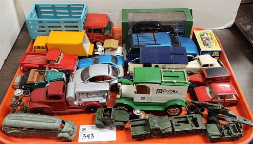 Tray Die Cast Cars + Trucks Hubley, Ertl, Dinky, Solido, Corgi, Tootsie Toy, Etc.