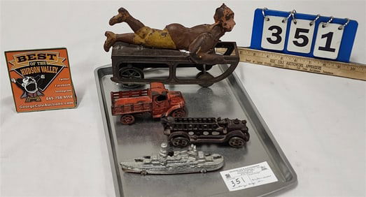 Vintage Dayton Tin Friction Sledder 6" H X 9" W X 2 3/4" D + Vintage Cast Iron Truck 2 1/4" H X 4