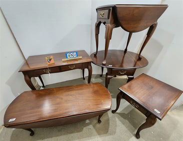 5 Pc. Cherry 1 Drawer Sofa Table 29 1/2" H X 40" W X 19 1/2" D, Pr. 1 Drawer Drop Leaf Lamp Tables