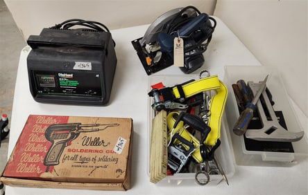 Lot Tub Hand Tools, Clamps, Soldering Gun, Ryobe Circular Saw, Battery Charger, Etc.