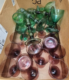 Bx 10 Amethyst Glass Stemware 6 1/4", 8 Amethyst Bowls 1 3/4" H X 4 1/2" Diam., 9 Green Goblets 6