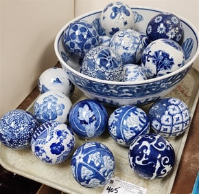 Chinese Bowl 5 1/2" H X 12" Diam. w/20 Porcelain Balls 3" Diam.