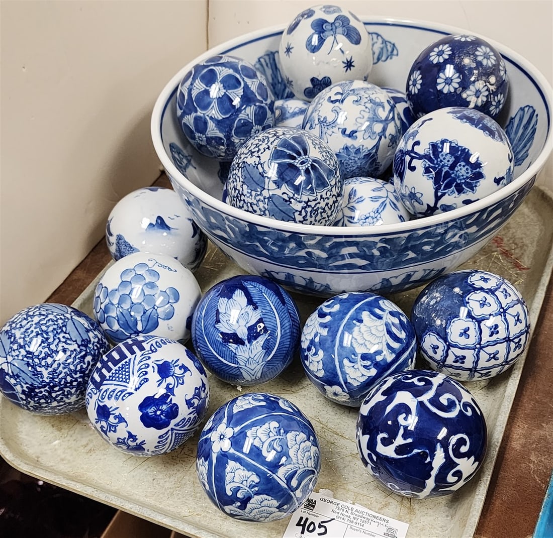 Chinese Bowl 5 1/2" H X 12" Diam. w/20 Porcelain Balls 3" Diam.: Chinese Bowl 5 1/2" H X 12" Diam. w/20 Porcelain Balls 3" Diam.