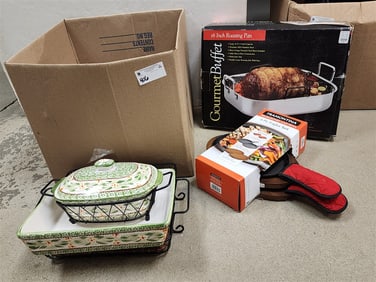 Bx Gourmet Buffet 16" Roasting Pan, Tramontina Cast Iron Fajita Set + Temptations Ovenware By Tara