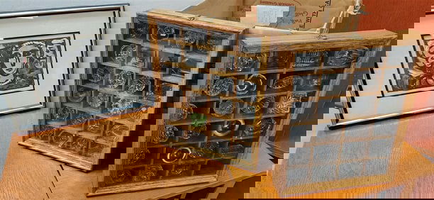 Bx 2 Oak Showcase w/Coll. Salts 2 1/4" H X 14 1/4" W X 11 1/2" D + Framed Rawault Print