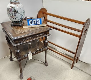 2 Tier Stand 28"  X 20" Sq. w/Chinese Ginger Jar Lamp + Pine Towel Rack 33" H X 30 1/2" W X 10 1/2"