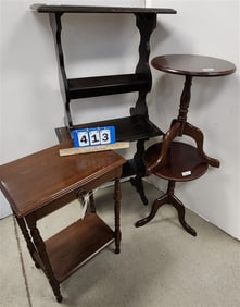 Pr. Walnut Side Stands 15" H X 2' W X 12" D, Pr. Side Stands 21" H X 14 3/4" Diam. + 1 Drawer Stand