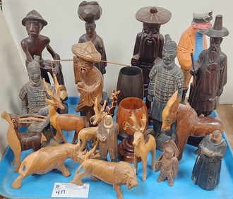 Tray 20 Pc. Wood Carvings - Chinese Figures, African Animals Etc.