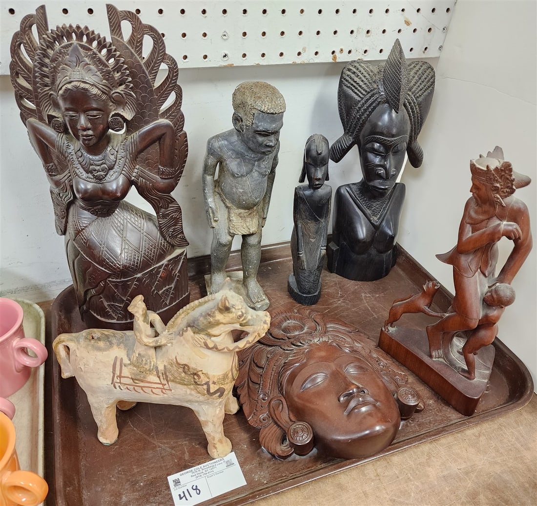 Tray Figures Thai Wood Carvings 16", 12" + 9 1/2", African 14 1/2" + 10" + Stone 13", Pottery Horse (1 of 2)