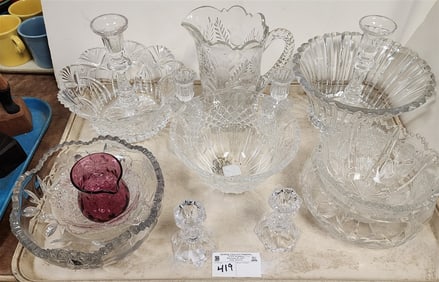Tray Crystal Bowls, Pitcher, Candlesticks Etc.