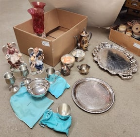 Bx Silverplate Tray w/Tea Set, Tiffany Pewter Pcs., Crystal Elec. Candlesticks w.Cranberry Shades