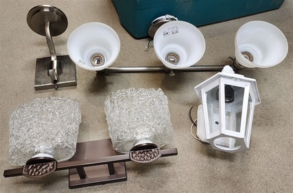 Bx. Brushed Steel Bathroom 3 Light Sconce, 2 Light Sconce w/Art Glass Shades, Brass Grab Bar, Bx'd