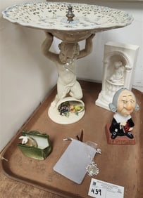 Tray Italian Ceramic Figural Compate 12" Bisque Pig In A Purse, Sterl. Necklace w/Gemini Pendant