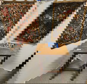 Vict. Chestnut Stand 27" H X 23" W X 15" D w/2 Wall Hangings 30" X 25 1/2" + 33 1/2" X 24"