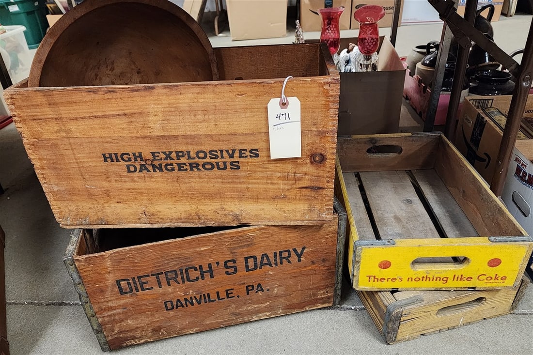 Lot Old Bx's - Trojan High Explosives 10 1/2" H X 19 1/2" W X 9 1/2" D, Dietrich's Dairy, Danville (1 of 5)