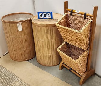 Lot 2 Bamboo Hampers 24" H X 17" Diam + Stand w/2 Woven Baskets 33 1/2" H X 14 1/2" W X 10 1/2" D