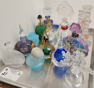 Tray 15 Perfume Bottles - Chanille Hand Ptd, Cut Glass, Art Glass Etc.