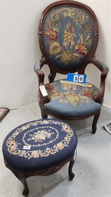 Vict Walnut Needle Point Uphols. Armchair 42 1/2" H X 26" W X 23 1/2" D w/Foot Stool 15 1/2" H X 19