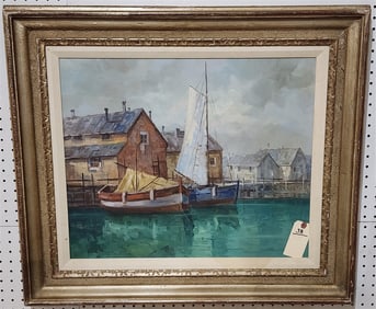 Framed O/C Dock Scene Sgnd Fussio 20" X 24" w/Frame 28 1/4" X 32 1/4"