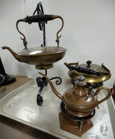 Tray 2 Copper Tea Pots On Stand 15" + 7" + Brass Tea Pot On Stand 10"