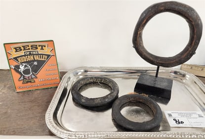 Tray Wooden Mali Bracelet 4 3/4" Diam. + 2 Stone Bangles 4 1/4" + 3 3/4" Diam.