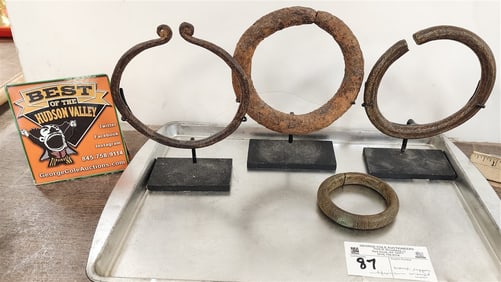 Tray 4 African Metal Bracelets - 5" Diam. Wrought Iron Cameroon, Copper 5" Diam., Bronze 3 1/4"