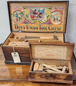 Vintage Boys Union Tool Chest + Bx'd Boys Columbia Tool Chest 3 1/2" H X 11" W X 5 1/2" D