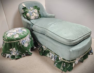 Moire Uphols. Recamier 31" H X 28" W X 59" L w/Uphols. Stool 17" H X 17" Diam.