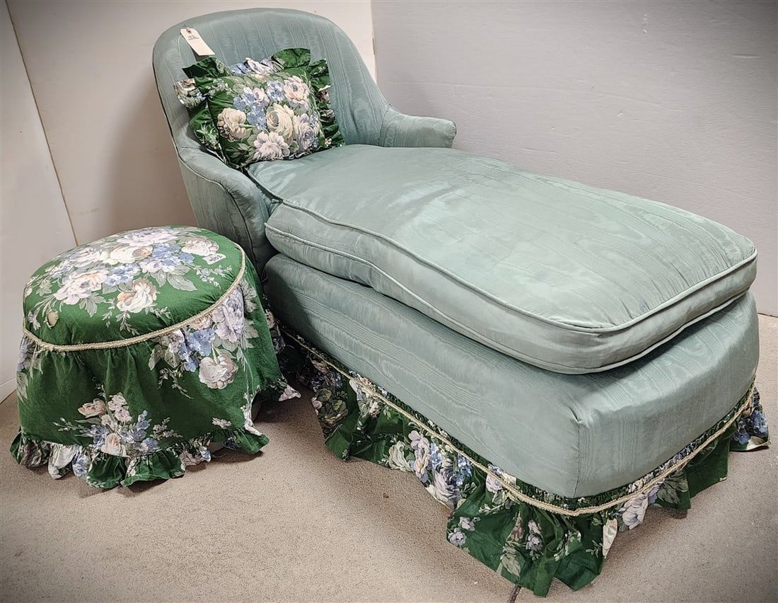 Moire Uphols. Recamier 31" H X 28" W X 59" L w/Uphols. Stool 17" H X 17" Diam.: Moire Uphols. Recamier 31" H X 28" W X 59" L w/Uphols. Stool 17" H X 17" Diam.