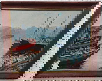 Framed O/C Harbor Scene Sgnd C. Ricciardi 1954 24" X 30" w/Frame 28 1/2" X 34 1/2"