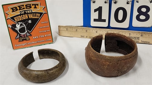 Tray 2 Vintage Senufo Bronze Brecelets Ivory Coast 2" X 3 3/4" Diam. + 1" X 3 1/4" Diam.