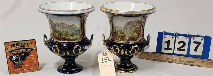 Pr. 19th C Porcelain Derby Campana Urns 8 1/2" X 7" Diam.