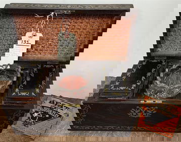 Early 19th C Rosewood Tea Caddy w/Brass Inlay + Orig. Flint Glass Bowl - All Orig. 7" H X 12 1/4" W