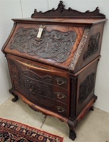 Elaborately Carved Mahog Slant Front Desk 51" H X 42" W X 23" D