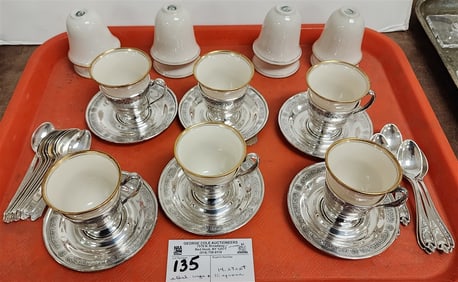Tray 6 Sterling Cup Holders + Saucers + 10 International Demitasse Spoons w/15 Lenox Cups + 6 Rogers