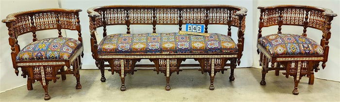 Mid East 3 Pc. MOP + Bone Inlaid Set - Sofa 30" H X 61" W X 20 1/2" D w/Pr. Corner Chairs 29 1/2" H